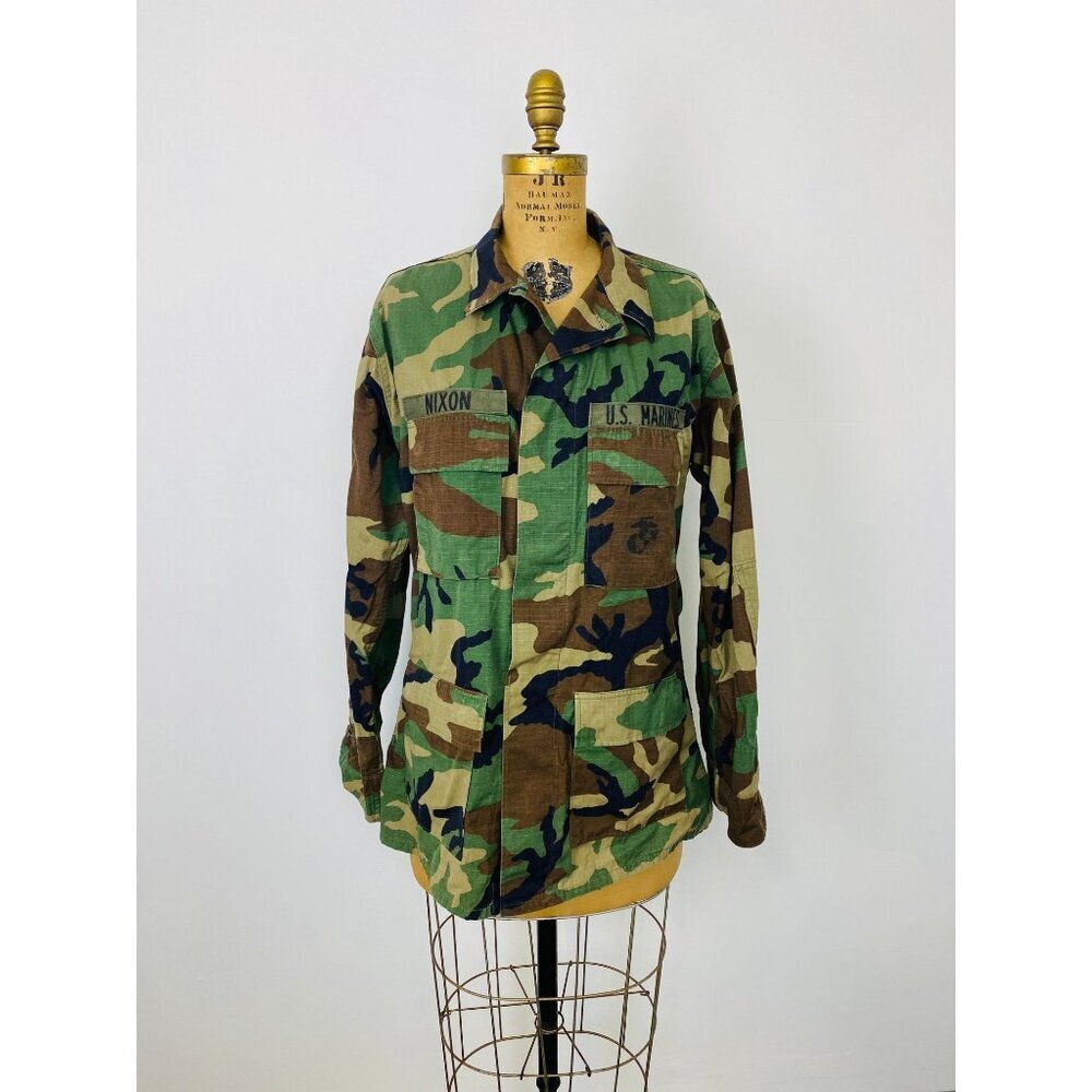 Vintage US Marines Woodland Camouflage Hot Weather Combat Coat, Camo Jacket, L
